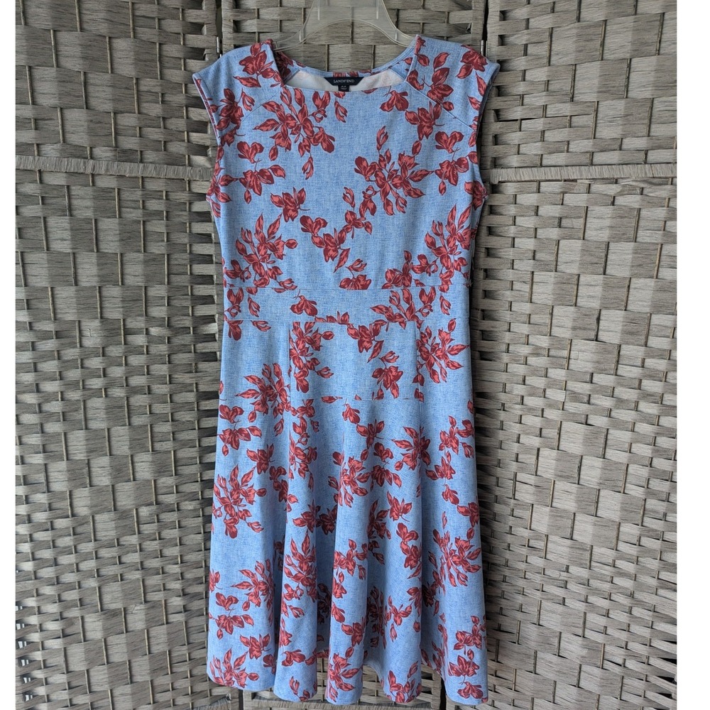 Lands End Fit and Flare Dress Blue Red Floral‎ Print Sz 10-12 Modest Cottagecore